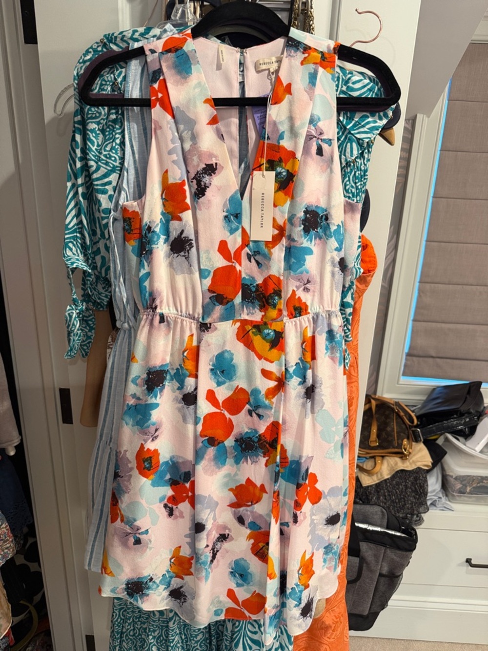 Rebecca Taylor White Floral Midi Dress with Orange & Teal Accents